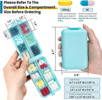14 Grids Travel Pill Organizer Box with 415-Pcs Medicine Name Labels - Pocket Daily Pharmacy Case Container Kit - Travel Medication Holder Dispenser for Fish Oil Vitamin Supplement Storage - Sky Blue
