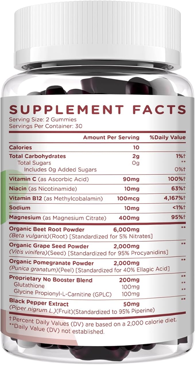 Beet Root Gummies 6000mg – Nitric Oxide Booster with Grape Seed, Pomegranate, Vitamins C & B12 – Nitric Oxide Supplements for Men – Mixed Berry Flavor – 60 Gummies