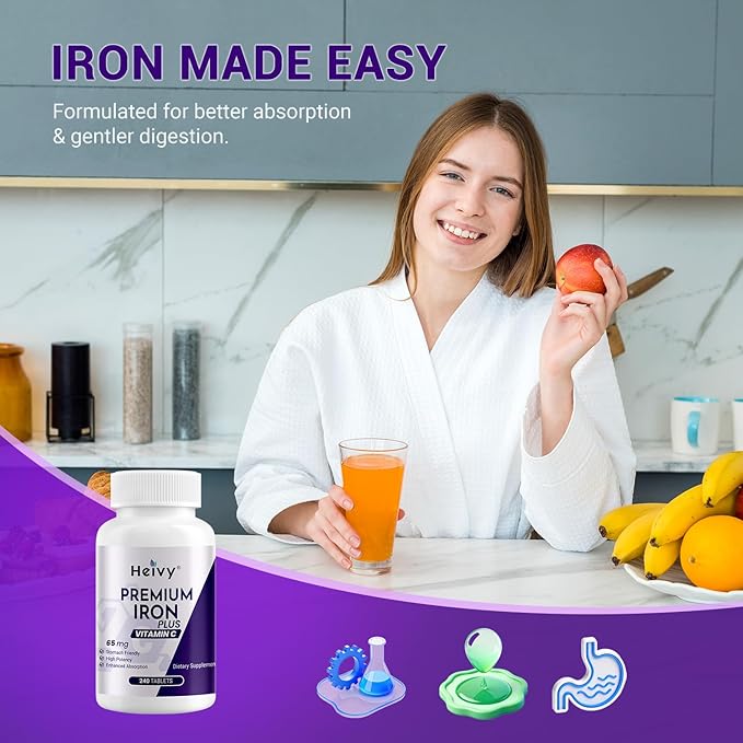 Heivy Ferrous Sulfate 325mg, Iron 65mg, Iron with Vitamin C – High Potency Iron Supplement for Women & Men – Premium Pure Ingredients, Gentle on Stomach, 240 Tablets, Made in USA