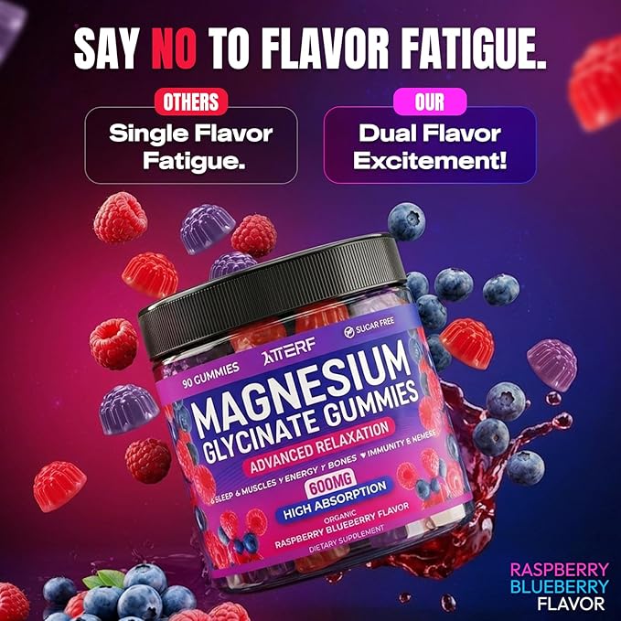 Magnesium Glycinate Gummies 600mg, [2-in-1 Dual Flavor Mix] - Sugar-Free, High Absorption Magnesium Supplement for Adults, Muscle Support and Relaxation, Vegan & Non-GMO