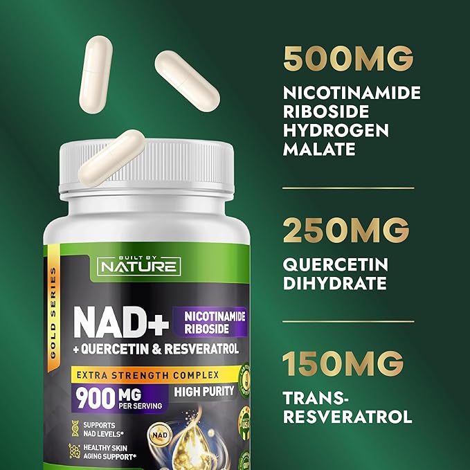 Built by Nature NAD Supplement – NAD+ Supplement with Nicotinamide Riboside 500mg, Quercetin & Trans-Resveratrol – NAD Plus/NR Supplement – NAD Resveratrol Supplement for Women & Men – 90 Capsules