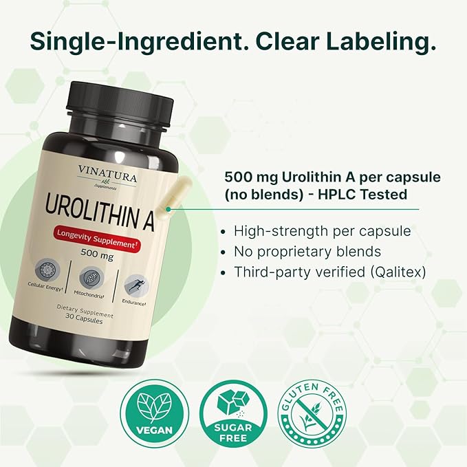 VINATURA Urolithin A Supplement 500mg - Urolithin A+ for Powerful Antioxidants, Anti Aging and Mitochondrial Support, 30 Capsules