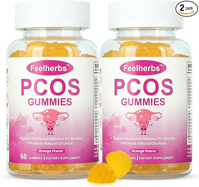 PCOS Gummies Vitamins for Menstrual Cycle & Ovulation & Fertility, Pack of 2, 60 Count Orange Flavor Hormonal Balance Vitamins Help Getting Pregnant with PCOS, Easy to Chew