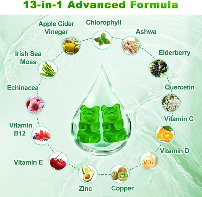 Chlorophyll Gummies - Super Green 13 in 1 with Ashwagandha Vitamin C Zinc & Copper for Body Odor, Skin Energy Immune Support Deodorant for Women - 60 Count