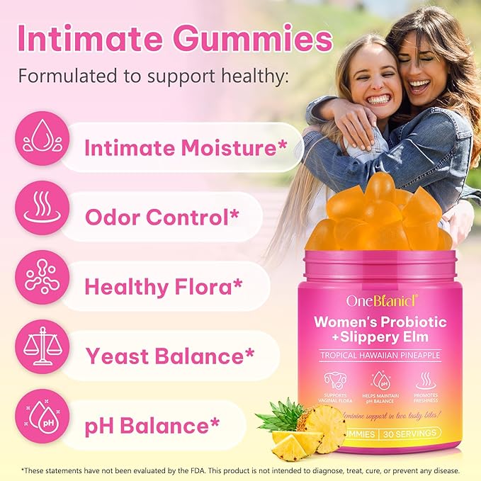 Feminine Probiotics Gummies 2PCS, Vaginal Probiotics for Women Gummies with Slippery Elm,Feminine Balance pH for Healthy Odor,Improve Immune,Support Vaginal Health,Natural Pineapple Flavor,60 Count
