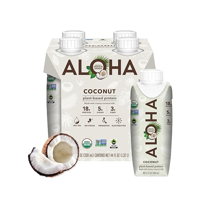 ALOHA Organic Plant-Based Protein Drink – Coconut Flavor | 18g Protein, 5g Sugar, 3g Fiber | Made with Creamy Coconut Milk, Fair Trade Certified, No Stevia | Vegan, Non-GMO, Gluten-Free, 11 fl oz (12 Pack)