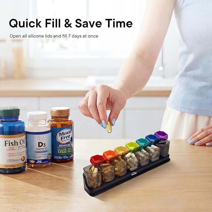Large Weekly Pill Organizer 1 Time a Day, BPA-Free Pill Dispenser, 7 Day Pill Box with Silicone Lids & Coded Compartments, Spill Proof Portable Case for Vitamins, Seniors & Daily Medication