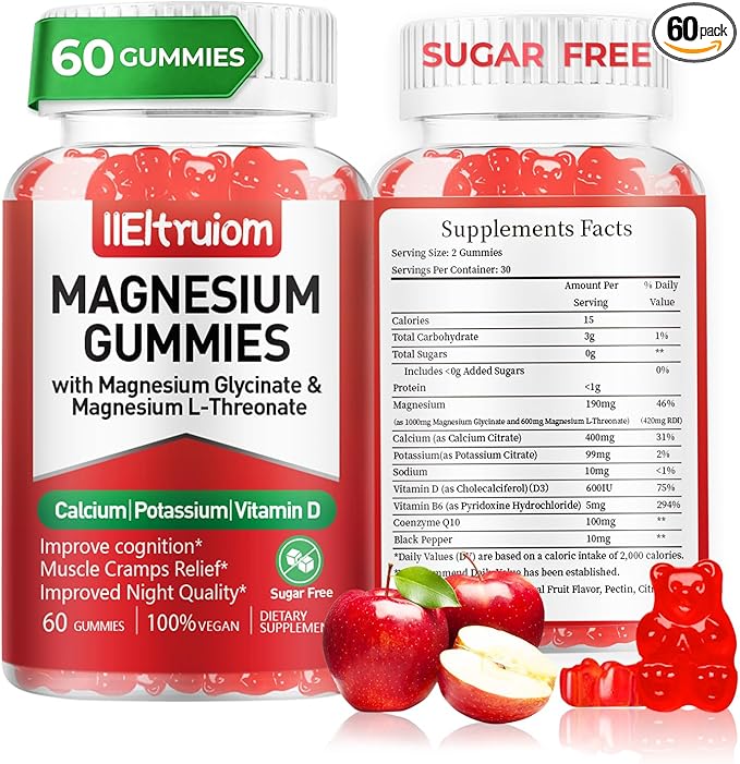 Liposomal Magnesium Complex 190mg for Kids Per Serving, Magnesium Glycinate with L-Threonate, Vitamin D3, CoQ10, L-Threonate Gummies for Rest Support, Sugar/Gluten Free, 60 Count