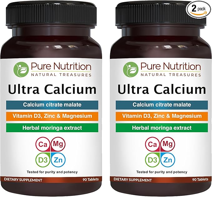 Pure Nutrition Ultra Calcium 1000mg with VIT D3 + K2 | 180 Tabs (90 X Pack of 2) | Calcium Supplement with Calcium Citrate Malate, VIT D3, K2, Moringa Oleifera, Magnesium and Zinc.