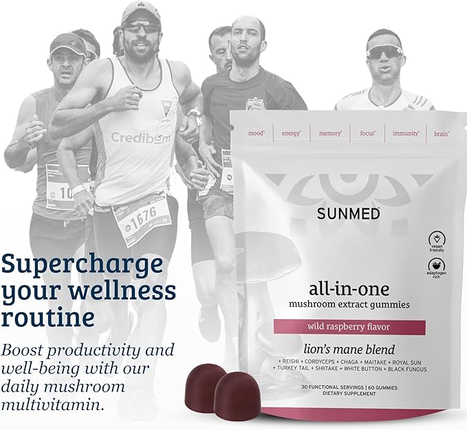 SUNMED All-in-One Mushroom Gummy Supplements for Focus, Energy, Mood & Immune Support – 10 Functional Mushrooms (Lion’s Mane, Reishi, Cordyceps, Chaga) | Wild Raspberry Flavor, 60ct