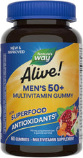 Nature's Way Alive! Men’s 50+ Daily Gummy Multivitamins, Supports Healthy Brain, Eyes, Heart*, B-Vitamins, Gluten-Free, Fruit Flavored, 60 Gummies (Packaging May Vary)