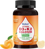 Sugar Free Vitamin D3 K2 Gummies with Calcium, 2000 IU D3 & 200 mcg K2(MK-7) & 200 mg Calcium, Supports Healthy Bones & Immune Health, Gluten Free, GMO Free, Yellow Peach, 60 Count