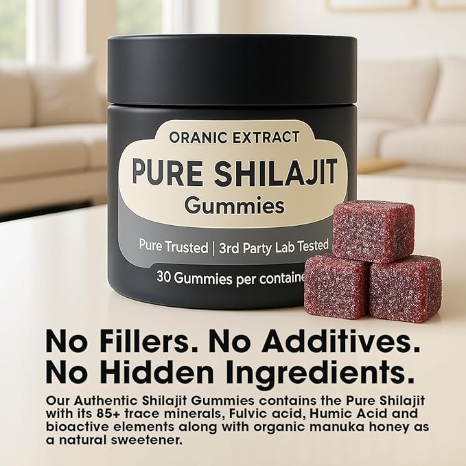 Shilajit Gummies–Himalayan Source 9000mg, Energy & Immune Support for Men & Women, Fulvic Acid + 85 Trace Minerals, Manuka Honey Flavor, Organic, Non-GMO, 30 Vegan Gummies