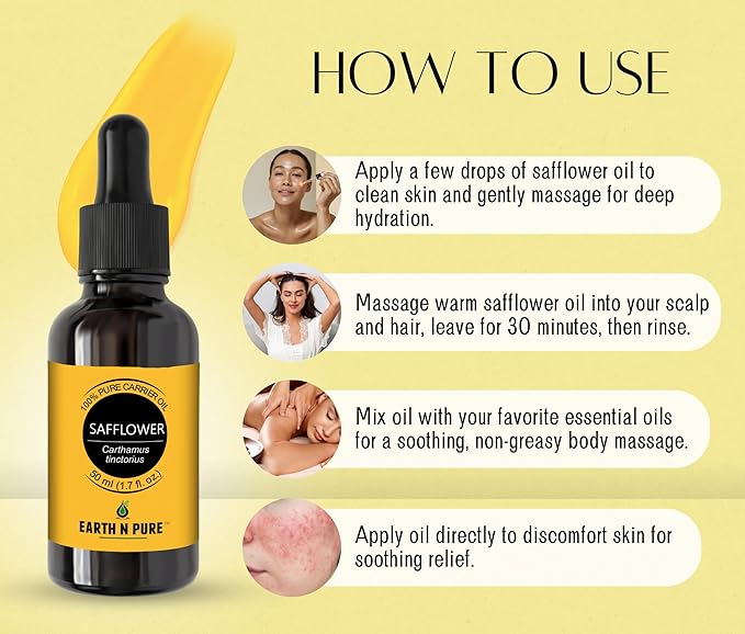 Earth N Pure Safflower Oil | 100% Natural & Therapeutic Grade | Undiluted | for Body Massage, Relaxation | Hair Growth | Joint Pain | DIY & Skincare | Scalp Treatment | Nail Care | 200ML