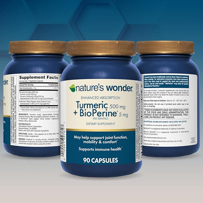 Nature's Wonder Turmeric Supplement with BioPerine - Enhanced Absorption Turmeric Complex 500mg with BioPerine 5mg for Joint Function, Mobility, and Comfort, 90 Vegetarian Turmeric Capsules