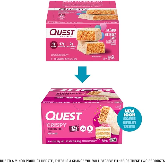 Quest Nutrition Crispy Birthday Cake Protein Bar, 17g Protein, 1g Sugar, 2g Net Carbs, Gluten Free Protein Snack, Keto Friendly, 12 Count