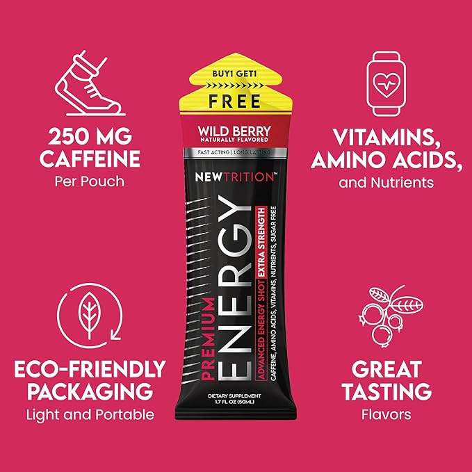 NewTrition® Extra Strength Energy Shots, 1.7 fl oz - 250mg Caffeine with Vitamin B & Amino Acids, Sugar-Free, Zero Calorie Vitamin Energy Drink for Focus & Endurance (Pack of 6, Wild Berry)