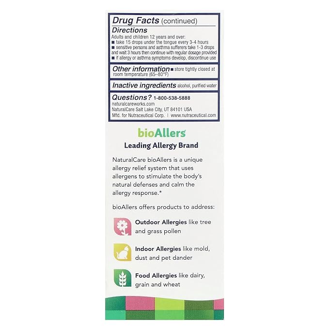 NaturalCare bioAllers Tree Pollen Homeopathic Liquid Drops, 1 Fl Oz | Cedar Fever | May Help Relieve Sinus Pressure, Congestion, Sneezing, Runny Nose