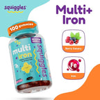 Squiggles Kids Multivitamin + Iron Gummies - Low Sugar Gummy Vitamins with Iron Supplements for Kids - Broad Spectrum of Vitamins and Minerals, Chewy, Yummy Berry Flavor (100 Count)