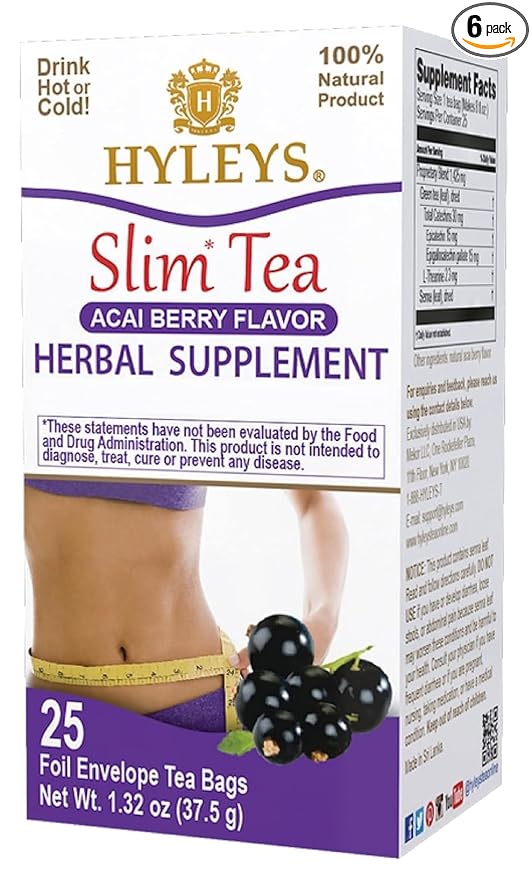 Hyleys Slim Tea Acai Berry Flavor - Weight Loss Herbal Supplement Cleanse and Detox - 25 Tea Bags (6 Pack)