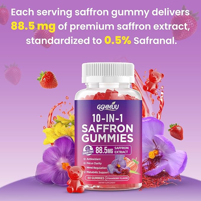 2 Pack Saffron Supplement Gummies, 10-in-1 Cortisol Supplement with Saffron 88.5mg, Magnesium, Rhodiola Rosea, Ashwagandha, L-Theanine, St. John's Wort, for Calm, Focus, Relaxation, 120 Count