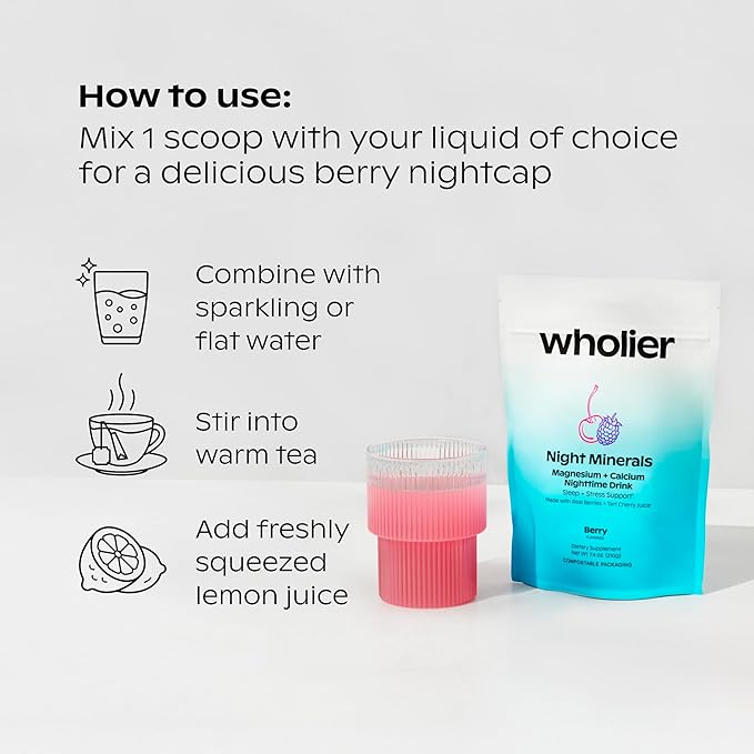 wholier Magnesium Glycinate, Tart Cherry Juice, Chelated Calcium. Calming Nighttime Drink. Natural Support for Sleep, Stress + Relaxation. Night Minerals. (About 25 Servings)