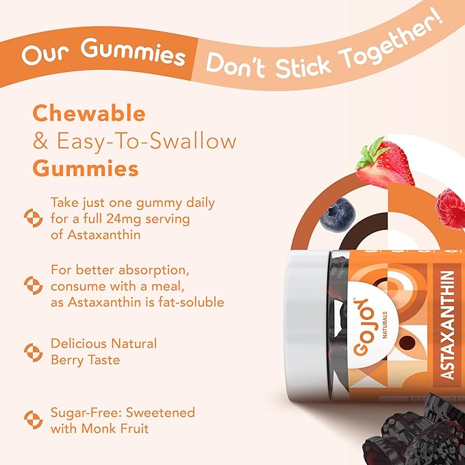 GOJOY NATURALS Astaxanthin Gummies 24mg – High Potency Antioxidant Supplement – Skin, Eye & Immune Wellness Support – Vegan, Sugar-Free, Non-GMO, Gluten-Free, Soy-Free – 60 Gummies