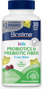 Biostime Kids Prebiotic & Probiotic Gummies (Ages 4+) | Probiotics for Kids | Includes 2 Billion CFU to Support Digestive Health| No added sugar Fruity Bites | Free from Top 9 Allergens |50 Count