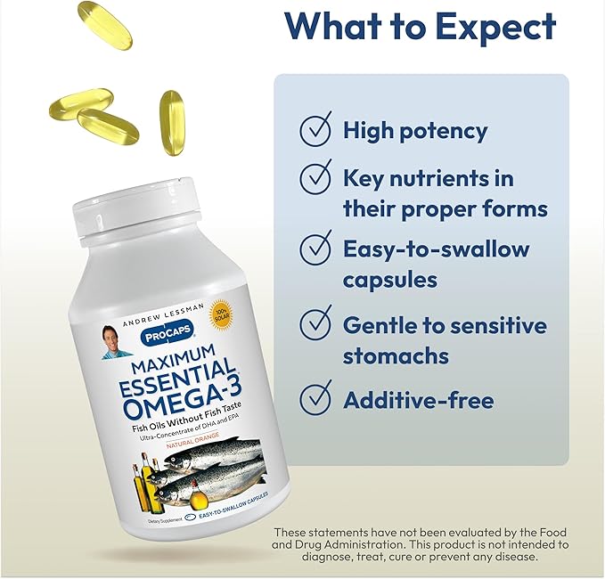 ANDREW LESSMAN Maximum Essential Omega-3 Orange - 360 Softgels - Ultra-Pure, High Potency Omega-3 Oils. High DHA, No Stomach Upset, No Contaminants, No Mercury. Small Easy to Swallow Softgels
