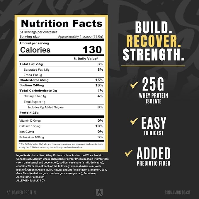RYSE Loaded Protein Powder - Cinnamon Toast - 25g Whey Protein Isolate & Concentrate with Prebiotic Fiber & MCTs - Low Carb, Low Sugar, Digestive-Friendly - 54 Servings / 4 lb Tub