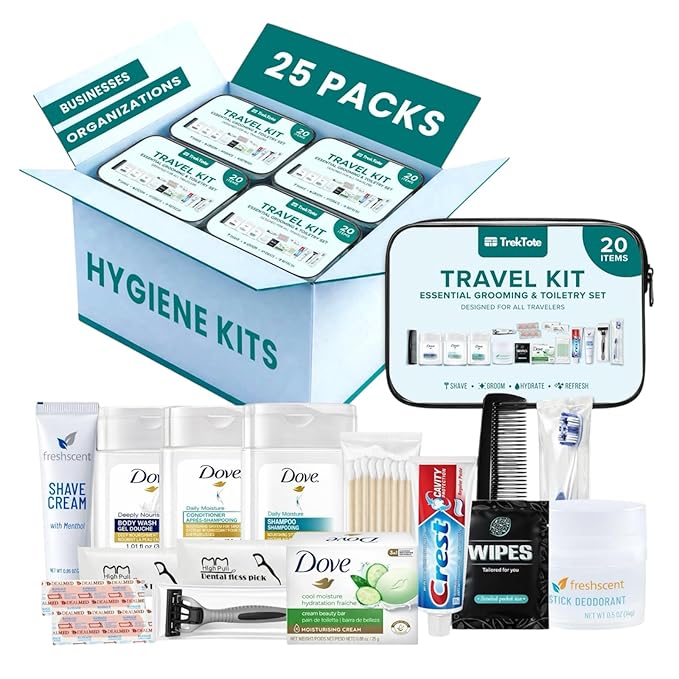TrekTote 20 Piece Hygiene Kit Bulk, Travel Size Toiletries Set, Care Package Supplies, Mini Deodorant Shampoo Body Wash Toothbrush Toothpaste Razor Kit, TSA Approved, Clear Bag