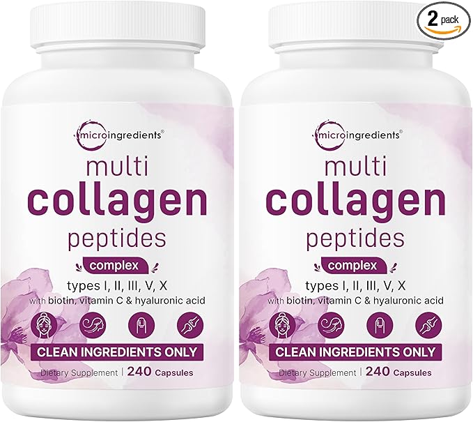 Micro Ingredients 2 Pack Multi Collagen Pills for Women & Men, 480 Capsules | Type I, II, III, V, X | Hydrolyzed Protein Peptides with Biotin, Hyaluronic Acid, & Vitamin C | Keto & Paleo Friendly