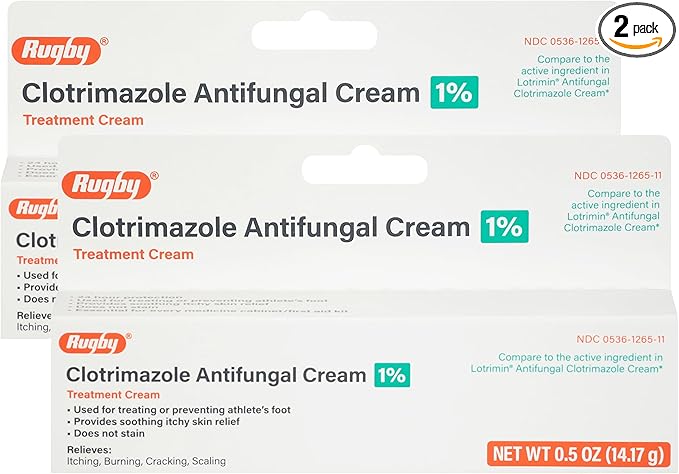 Rugby Clotrimazole Antifungal Cream 1% - Treatment Cream - Helps Provide Soothing Itchy Skin Relief - 0.5 Oz. (2 Pack)