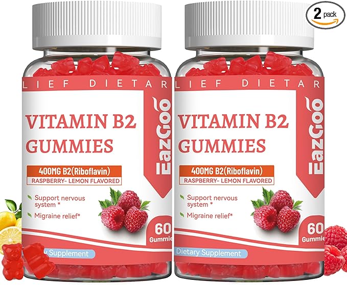2 Pack Vitamin B2 Gummies - Riboflavin 400mg Supplement with Magnesium for Adults, B2 Gummies for Migraine Relief* & Nervous System Support* - Vegan, Sugar-Free, Raspberry-Lemon Flavor, 120 Count