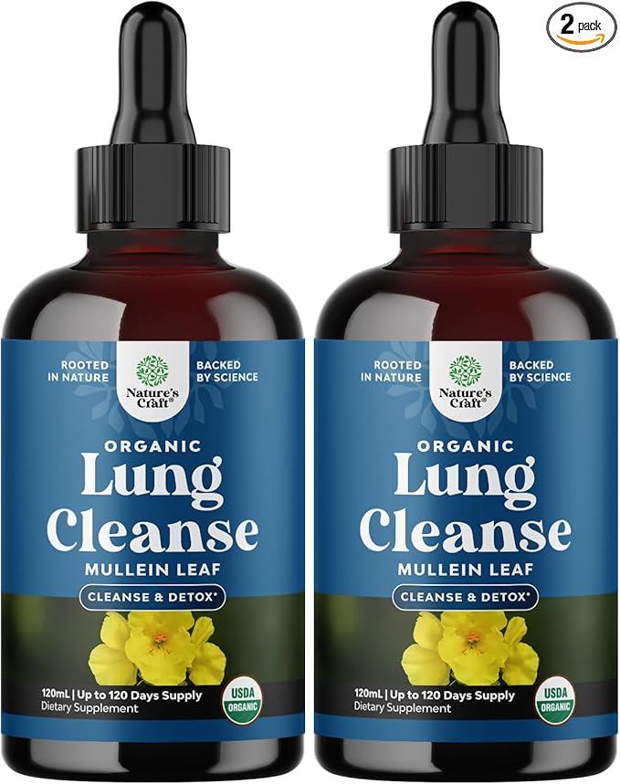 Organic Mullein Drops for Lungs - Lung Detox & Cleanse with Marshmallow Root Extract & Plantain Leaf for Respiratory Lung Health - Mullein Leaf Tincture Drops for Breathing Support - 4 Fl Oz (2 Pack)