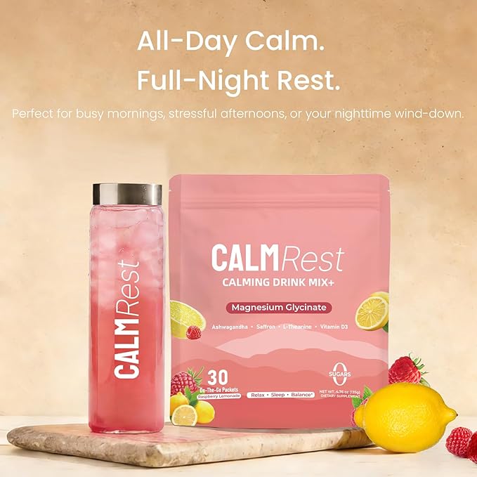 Calm Magnesium Powder, Cortisol Supplement for Women, Supports Sleep, Stress Relief & Relaxation with Ashwagandha, Saffron, L Theanine, Vitamin D3, No Sugar, 30Ct, Raspberry Lemonade