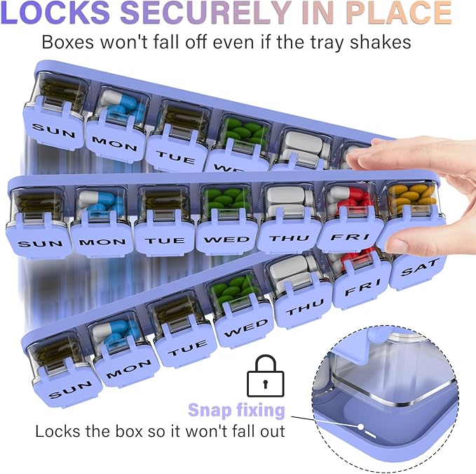 Extra Large Weekly Pill Organizer 7 Day - Portable Daily Pill Box with 7 Detachable Compartments, Vitamin Holder and Medicine Organizer for Supplements, Home and Travel, Purple