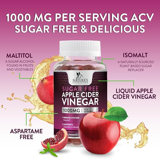 Apple Cider Vinegar Gummies for Weight Loss, Zero Sugar - Apple Cider Vinegar Powder 1000mg Per Serving - Vegan Apple Cider Vinegar Gummy for Detox & Cleanse - Sugar Free ACV Supplement - 60 Gummies