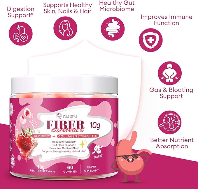 Migcopat 10G Fiber Gummies, with Collagen Peptides, Hyaluronic Acid, Vitamin C, ACV & 30 Billion CFU Probiotics – Sugar Free Collagen Gummies for Skin, Hair & Nails – Digestive Support – 120 Cts
