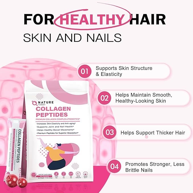 NATURE TARGET Multi Collagen Peptides Powder - Type I, II, III, V, X - Enhanced Absorption, Hydrolyzed Collagen Peptides with Prebiotics, Sugar-Free, Skin Hair Nail & Joint Support, Non-GMO