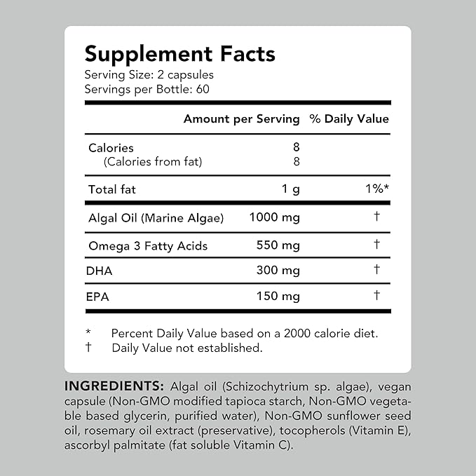 AMANDEAN Vegan Omega 3 Supplement. Premium Fish Oil Alternative. Algae DHA & EPA. Carrageenan Free Softgels. Algal Essential Fatty Acids. Plant Based Heart, Brain, Eye, Skin, Immune Support. (120ct)