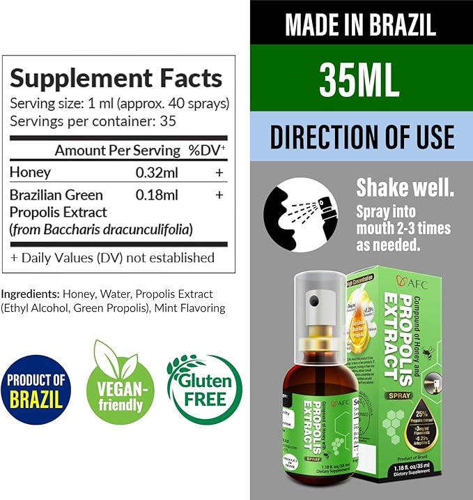 AFC Japan Brazilian Green Propolis Extract with Honey Throat Spray | Natural Throat Relief, Immune Support & Freshen Breath | High Artepilin C & Flavonoids from Propolis Extract | (1.0 oz) (Pack of 1)