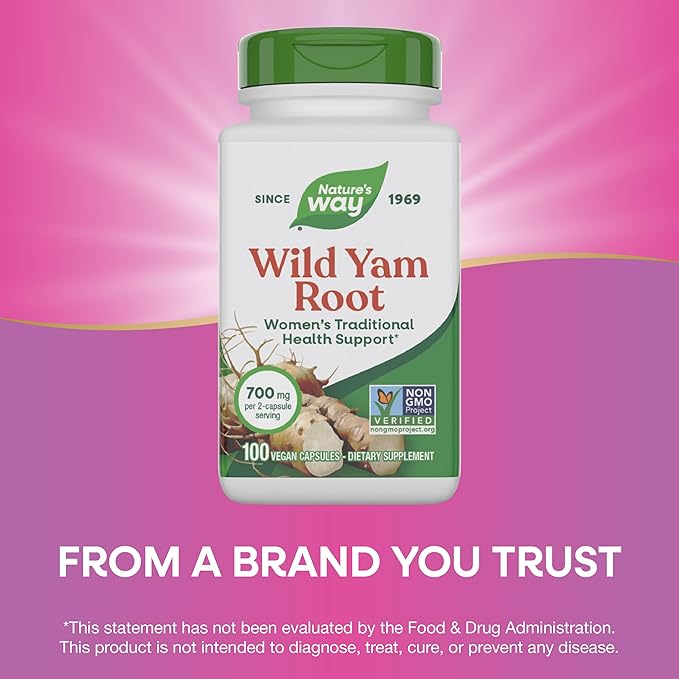 Nature's Way Wild Yam Root Capsules, Women's Traditional Health Support*, 700 mg per 2-Capsule Serving, Non-GMO Project Verified, 100 Vegan Capsules (Packaging May Vary)