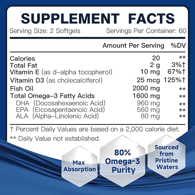 Advanced Omega-3 Fish Oil 2000mg – High Potency with DHA, EPA, ALA – Supports Heart, Brain, Joint & Immune Health – Enriched with Vitamin D3 & E for Antioxidant Protection – 120 Softgels