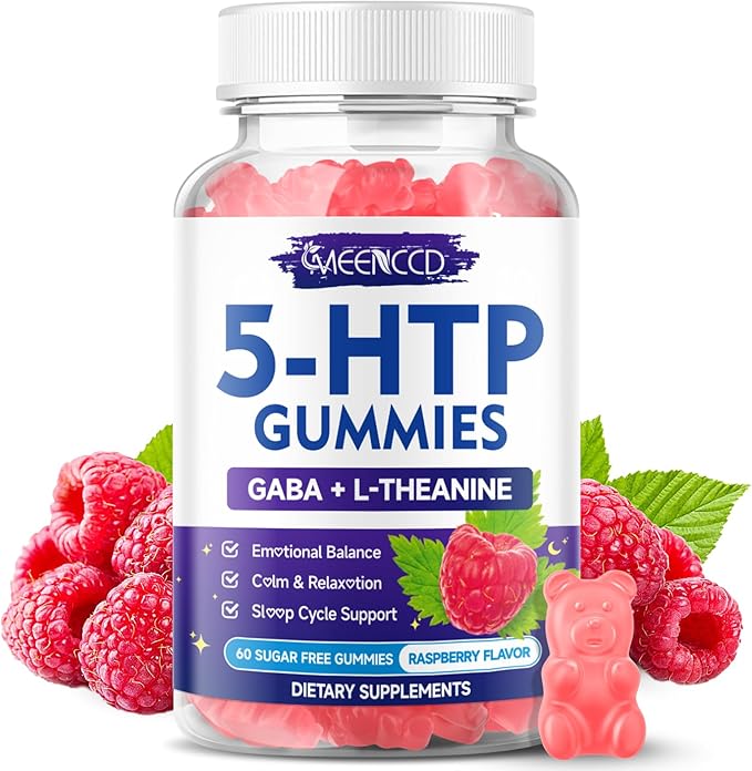 5-HTP Gummies 300mg, 5-HTP Supplement with 200mg L-Theanine & 50mg GABA, GABA Supplements for Adults, Sugar Free, Raspberry Flavor, 60 Count