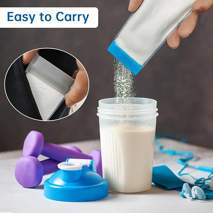 14PCS Protein Powder Travel Container Set, Reusable Powder Supplement Container To Go Reusable Protein Powder Bags and 2pc Large Standable Zip Bags for Workout, Fitness, Travel