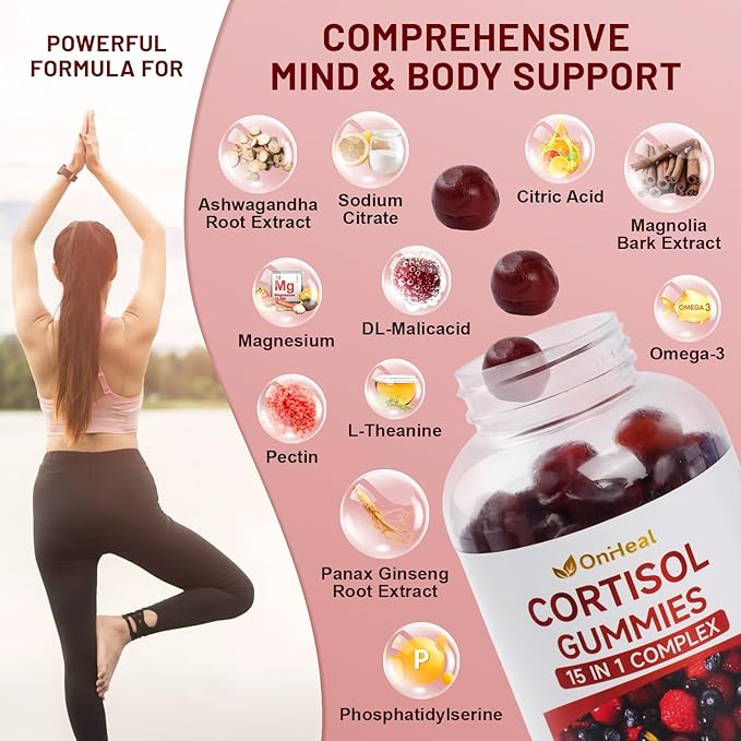 Unisex Cortisol Gummies - Contains Ashwagandha, Magnesium, L-Theanine - Unisex - Relieves Stress, Promotes Sleep, Detoxifies, Balances Hormones, 60 Count