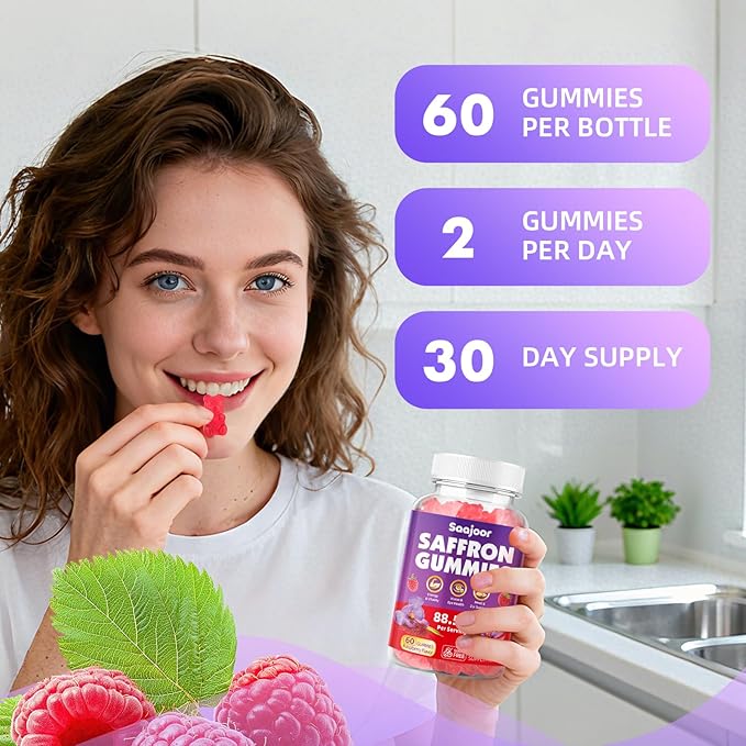 Saffron Gummies for Adult Kids - with Saffron 88.5mg, Vitamins D3 & B6, Magnesium, Zinc, Ashwagandha, L - Theanine, St. John's Wort - Supports Mood & Focus, Vegan, Raspberry Flavor, 60 Gummies