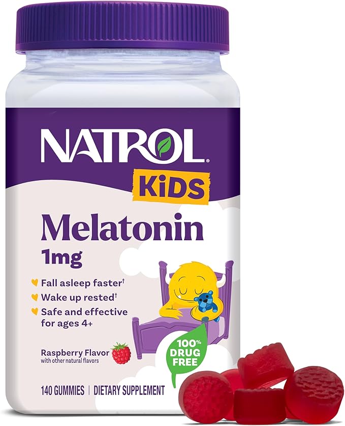 Natrol Kids Melatonin Gummies 1mg, Children's Melatonin for Restful Sleep, 140 Raspberry-Flavored Sleep Gummies, 140 Day Supply