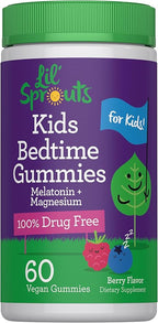 Lil' Sprouts Kids Melatonin & Magnesium | Bedtime Gummies | 60 Count | Berry Flavor | 100% Drug Free | Non-GMO and Gluten Free